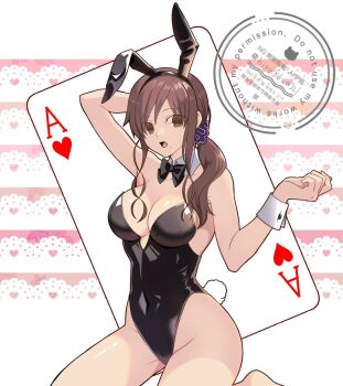 Rule 34 | 1girl, ace (playing card), ace of hearts, animal ears, bare shoulders, barefoot, black bow, black bowtie, black leotard, bow, bowtie, breasts, brown eyes, brown hair, card, covered navel, detached collar, fake animal ears, fake tail, heart, highres, hirakawa, leotard, long hair, looking at viewer, medium breasts, noel (tsukihime), playboy bunny, playing card, ponytail, rabbit ears, rabbit tail, solo, strapless, strapless leotard, tail, tsukihime, tsukihime (remake), wrist cuffs