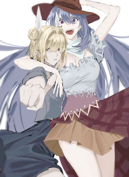 2girls absurdres arm_around_neck arm_up bandana blonde_hair blue_bandana blue_dress blue_hair blue_shirt blue_skirt breasts brown_eyes brown_hat building cape city cleavage closed_mouth clothes_around_waist commentary_request cosplay cowboy_hat cowboy_shot double_bun dress empty_eyes fangs from_side hair_between_eyes hair_bun hair_ribbon hand_on_headwear hand_up haniyasushin_keiki hat high-waist_skirt highres index_finger_raised joutouguu_mayumi kicchou_yachie kicchou_yachie_(cosplay) korean_commentary kurokoma_saki kurokoma_saki_(cosplay) large_breasts long_hair long_sleeves looking_at_viewer medium_breasts multicolored_dress multiple_girls off-shoulder_dress off_shoulder open_mouth orange_dress pink_dress plaid_cape plaid_clothes puffy_short_sleeves puffy_sleeves purple_eyes red_cape ribbon shirt short_hair short_sleeves sidelocks simple_background skirt smile standing teeth tongue tongue_out touhou tt_orang v-shaped_eyebrows very_long_hair white_background white_ribbon