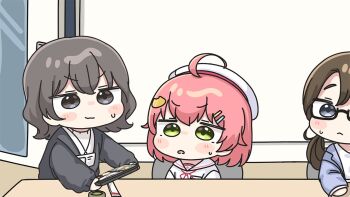 3girls bento beret black-framed_eyewear black_sweater blush_stickers brown_hair chibi closed_mouth cup glasses green_eyes grey_eyes hair_between_eyes hair_ornament hairclip hat holding hololive indoors long_sleeves mochimiko multiple_girls neck_ribbon open_door parted_lips pink_hair puffy_long_sleeves puffy_sleeves red_ribbon ribbon sailor_collar sakura_miko sakura_miko_(school_uniform) school_uniform semi-rimless_eyewear serafuku shirt small_sweatdrop sweat sweater table under-rim_eyewear v-shaped_eyebrows virtual_youtuber white_hat white_sailor_collar white_shirt yunomi