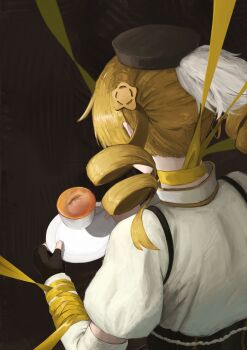 1girl absurdres beret black_background black_gloves black_hat blonde_hair commentary_request cup detached_sleeves drill_hair fingerless_gloves from_behind gloves hat highres holding holding_cup holding_saucer magical_girl mahou_shoujo_madoka_magica mahou_shoujo_madoka_magica_(anime) puffy_short_sleeves puffy_sleeves reflection ribbon ryo_(r9030397) saucer short_sleeves simple_background solo tomoe_mami tomoe_mami_(magical_girl) yellow_ribbon