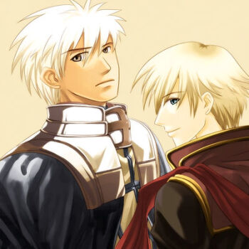 Rule 34 | 2boys, armor, black coat, blonde hair, brown background, brown eyes, cape, closed mouth, coat, commentary request, crusader (ragnarok online), dated commentary, gold trim, green eyes, grey cape, looking at viewer, lowres, male focus, multiple boys, oomojiya, pauldrons, priest (ragnarok online), ragnarok online, short hair, shoulder armor, simple background, smile, upper body, white hair