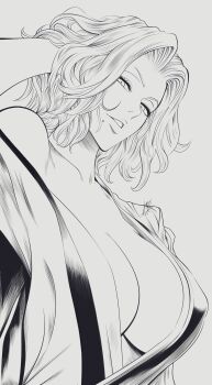 1girl arm_behind_head artist_name bare_shoulders bleach bleach:_sennen_kessen-hen breasts collarbone female_focus greyscale highres japanese_clothes large_breasts lips looking_at_viewer matsumoto_rangiku medium_hair mole mole_under_mouth monochrome mostlybluewyatt parted_lips shihakusho simple_background upper_body