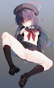 1girl absurdres beret black_choker black_hair black_hat black_sailor_collar black_skirt black_socks blue_archive blush breasts censored choker closed_mouth clothes_lift colored_inner_hair full_body gluteal_fold grey_background hair_between_eyes hair_over_eyes halo hat heart highres justice_task_force_member_(blue_archive) loli long_hair long_sleeves looking_at_viewer mosaic_censoring multicolored_hair navel nipples no_bra pleated_skirt puffy_long_sleeves puffy_sleeves purple_hair pussy pussy_juice red_eyes red_halo sailor_collar shirt_lift simple_background sitting skirt skirt_lift small_breasts smile socks solo spread_legs stomach sweat teranekosu thighs very_long_hair