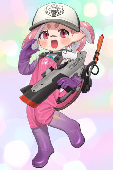 1girl :d absurdres baseball_cap black_hat boots commission elbow_gloves fangs full_body gloves hat highres holding holding_weapon inkling inkling_girl inkling_player_character jumpsuit knee_boots lifebuoy looking_at_viewer nintendo open_mouth parted_bangs pink_eyes pink_hair pink_jumpsuit pointy_ears ponytail puchiman purple_boots purple_gloves rubber_boots rubber_gloves s-blast_(splatoon) salmon_run_(splatoon) second-party_source shirt short_hair skeb_commission smile solo splatoon_(series) splatoon_3 standing swim_ring tentacle_hair two-tone_hat weapon white_hat white_shirt