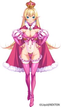 Rule 34 | 1girl, blonde hair, blue eyes, breasts, chain, cleavage, crown, earrings, elbow gloves, elf, evelyn moinard, female focus, full body, game cg, gloves, gluteal fold, groin, highres, hikage eiji, jewelry, kuroinu gaiden ~in'yoku ni oboreta shouki-tachi no monogatari~, kuroinu ~kedakaki seijo wa hakudaku ni somaru~, liquid (company), long hair, looking at viewer, medium breasts, nail polish, navel, official art, pointy ears, revealing clothes, simple background, slave, smile, solo, standing, thigh gap