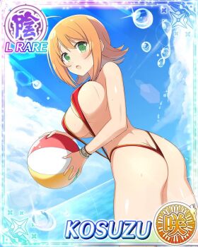 1girl :o ahoge ball beachball border breasts butt_crack card_(medium) character_name cleavage day english_text from_behind game_cg green_eyes kosuzu_(senran_kagura) large_breasts looking_at_viewer looking_back medium_hair ocean official_alternate_costume official_art orange_hair senran_kagura senran_kagura_new_wave solo sunlight water