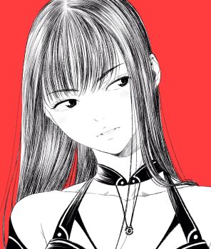 1girl commentary_request detached_collar detached_sleeves greyscale_with_colored_background hair_ornament hatching_(texture) head_tilt highres jewelry lee_(dragon_garou) light_blush mixed_media necklace original parted_lips portrait red_background sideways_glance solo
