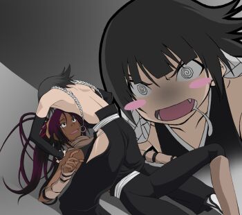 00s 2girls @_@ assertive_female back backless_outfit bare_back black_hair bleach blush_stickers crazy dark_skin dark-skinned_female eisbahnx fang gloves imminent_rape multiple_girls ponytail purple_hair saliva shihouin_yoruichi short_hair_with_long_locks sui-feng twintails you_gonna_get_raped yuri