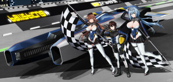 1boy 2girls absurdres ahoge alternate_costume anti-gravity ballisticng black_boots black_gloves black_jacket black_racing_suit black_skirt blue_hair blunt_bangs blush boots braid breasts brown_hair buckle building canopy_(aircraft) center_opening checkered_flag checkered_hairband cityscape cleavage closed_mouth clothing_cutout commentary commission copyright_name covered_navel crossover dp-12_(girls&#039;_frontline) dress dsr-50_(girls&#039;_frontline) english_commentary flag flying_car full_body girls&#039;_frontline gloves green_eyes grey_eyes grey_gloves hair_ornament hairband hand_up heart height_difference high_heel_boots high_heels highres holding holding_flag holding_heart hover_vehicle huge_breasts jacket jewelry large_breasts logo long_hair looking_at_viewer multicolored_jacket multicolored_racing_suit multiple_girls night night_sky original partially_fingerless_gloves pouch purple_jacket purple_racing_suit race_flag race_queen race_vehicle racing_suit red_eyes science_fiction short_hair sidelocks skirt sky smile snap-fit_buckle standing thigh_boots thigh_pouch thigh_strap thighs two-tone_jacket v white_boots white_racing_suit yellow_visor zero_(73ro)