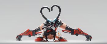 1girl 3d 3d_background absurdres animal_ears animal_hands armored_boots barcode barcode_tattoo bare_shoulders bent_over black_fur black_hair black_thighhighs blender_(medium) blender_(software) boots cable cable_tail cat_ears cat_girl cat_paws cat_tail corset dark-skinned_female dark_skin detached_sleeves facial_mark fingernails forehead_tattoo glowing glowing_eyes hairband heart-shape high_heels highres looking_at_viewer mechanical_tail multiple_tails nekomata nekomiya_mana open_mouth photo_shoot realkansen red_corset red_eyes red_hairband red_sleeves sexually_suggestive signature simple_background solo tail tan tattoo thighhighs thighs triangle triangle_facial_mark two_tails white_background white_fur zenless_zone_zero zzz