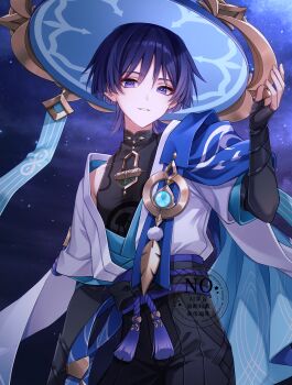 1boy absurdres anemo_symbol_(genshin_impact) arm_at_side armor belt black_belt black_bodysuit black_bow black_bridal_gauntlets black_shorts blue_cape blue_gem blue_hat blue_kimono blue_sleeves blunt_ends bodysuit bow bridal_gauntlets cape clothing_cutout commentary_request contrapposto eyeliner eyeshadow feathers fingernails furisode gem genshin_impact gold hakama hakama_shorts hand_up hat highres hip_vent japanese_armor japanese_clothes jingasa juban kimono kote kurokote layered_sleeves looking_at_viewer makeup male_focus mandarin_collar mochiii-s night open_clothes open_hand open_kimono outdoors parted_lips pleated_shorts pom_pom_(clothes) purple_eyes purple_hair purple_pupils purple_rope purple_sash red_eyeliner red_eyeshadow rope sash scaramouche_(genshin_impact) short_sleeves shorts shoulder_peek smile solo tassel tilted_headwear tsurime upper_body variant_set wanderer_(genshin_impact) watermark white_kimono white_mouth white_sleeves white_trim wispy_bangs yellow_feathers