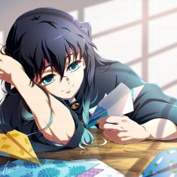 1boy aqua_eyes aqua_hair black_hair black_jacket buttons closed_mouth gold_buttons hair_between_eyes hana_ni_nare head_rest highres indoors jacket kimetsu_no_yaiba long_hair long_sidelocks male_focus multicolored_hair paper_airplane sidelocks sitting smile solo sunlight table tokitou_muichirou two-tone_hair upper_body very_long_hair
