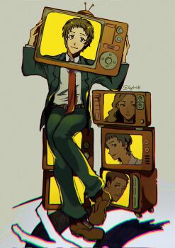 2boys 2girls adachi_tooru arms_up belt belt_buckle black_hair black_jacket black_pants black_suit blonde_hair brown_belt brown_eyes brown_shoes buckle business_suit closed_mouth collared_shirt commentary crt dial_television english_commentary formal_clothes full_body grey_background highres holding holding_television jacket konishi_saki lapels long_hair long_sleeves looking_at_viewer looking_to_the_side multiple_boys multiple_girls namatame_tarou necktie notched_lapels on_television pants persona persona_4 radio_antenna red_necktie shirt shirt_tucked_in shoes short_hair simple_background sitting smile stack suit suit_jacket sylvioki white_shirt wing_collar yamano_mayumi