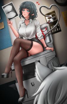 1boy 1girl absurdres animal_ear_fluff animal_ears ass baileymcpatty black_hair blush breasts cat_boy cat_ears choker clock commission commissioner_upload crossed_legs earrings full_body green_eyes heart high_heels highres holding holding_paper jane_doe_(zenless_zone_zero) jewelry lace large_breasts large_variant_set looking_at_viewer mouse_ears mouse_girl mouse_tail nail_polish panties paper pencil_skirt photocopier photocopying_self printer red_hair seth_lowell sexually_suggestive shirt sitting skirt sleeves_rolled_up smile stud_earrings tail teasing thighhighs underwear variant_set wall_clock watch white_hair white_shirt zenless_zone_zero