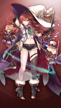 1boy 2girls armpits belt black_boots black_gloves black_shorts blonde_hair blue_eyes boots bow_(weapon) brown_belt brown_thighhighs closed_mouth coat egg familiar floating full_body gloves green_neckerchief hair_between_eyes hat high_heel_boots high_heels holding holding_bow_(weapon) holding_sword holding_weapon long_hair mini_person miniboy minigirl multiple_girls navel neckerchief one_eye_closed red_background red_eyes shorts single_thighhigh smile spiked_hair standing sword teeth thighhighs weapon white_coat white_hat witch_hat
