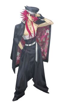 Rule 34 | 1boy, adjusting clothes, adjusting headwear, asa no ha (pattern), banchou, belt, black coat, black gloves, black hakama, black hat, black jacket, black shoes, cherry blossom print, coat, coat on shoulders, collarbone, cornrows, delinquent, dr.k (doctorkodok), fingerless gloves, floral print, floral print jacket, full body, gakuran, genderswap, genderswap (ftm), gloves, hair between eyes, hair over shoulder, hakama, hand in pocket, hand up, hat, high-waist pants, highres, jacket, jacket lining, japanese clothes, jewelry, kimi no koto ga dai dai dai dai daisuki na 100-nin no kanojo, long belt, long hair, long hair between eyes, looking at viewer, male focus, midriff sarashi, mouth hold, narrow waist, necklace, nipples, open mouth, pants, peaked cap, pectorals, pink coat, pink hair, print coat, red eyes, sarashi, school uniform, shoes, simple background, slit pupils, smile, solo, spiked hair, standing, tokkoufuku, tomogara saki, very long hair, white background, white belt, wolf cut