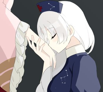 2girls blush chimi_(s2yuyukos2) closed_eyes commentary frilled_sleeves frills hat highres houraisan_kaguya kiss kissing_hand long_hair multiple_girls nurse_cap out_of_frame profile simple_background solo_focus touhou wide_sleeves yagokoro_eirin yuri