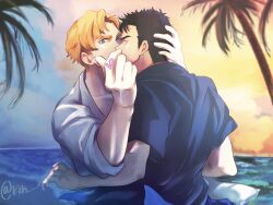 Rule 34 | 2boys, ao isami, beach, black hair, blonde hair, couple, facial hair, finger heart, heart, highres, kin 4c, kiss, lewis smith, looking at viewer, male focus, multiple boys, official alternate costume, one eye closed, outdoors, sideburns stubble, stubble, surprise kiss, surprised, thick eyebrows, yaoi, yuuki bakuhatsu bang bravern