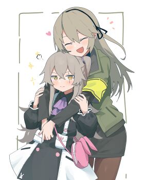 2girls absurdres animal_bag armband ascot black_dress black_pantyhose black_ribbon blush brown_hair closed_eyes closed_mouth commentary dress english_commentary girls&#039;_frontline green_hair green_jacket hair_ribbon heart highres hug hug_from_behind jacket looking_at_viewer multiple_girls myticalcat open_mouth pantyhose pink_bag purple_ascot rabbit_bag ribbon scar scar_across_eye scar_on_face simple_background smile ump40_(girls&#039;_frontline) ump45_(agent_lop_rabbit)_(girls&#039;_frontline) ump45_(girls&#039;_frontline) white_background yellow_armband