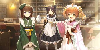 3girls alternate_costume alternate_headwear apron artist_request bar_(place) bar_stool bell beret black_bow black_kimono book bookshelf bottle bow brown_hair counter cup drinking_glass duster frilled_hair_tubes frilled_sleeves frills game_cg green_hat green_kimono hair_bell hair_bow hair_ornament hair_tubes hakurei_reimu hat highres holding holding_duster japanese_clothes jingle_bell kimono long_hair long_sleeves looking_at_viewer maid maid_headdress motoori_kosuzu multiple_girls nishida_satono official_art one_eye_closed open_mouth orange_eyes orange_hair pink_eyes pink_kimono red_eyes smile socks sparkle stool teacup third-party_source touhou touhou_lostword translation_request two_side_up wa_maid white_apron white_socks wide_sleeves wine_bottle wine_glass