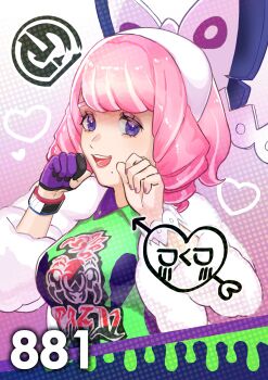 1girl bow bracelet breasts collared_shirt commentary_request drill_hair drill_sidelocks dynamax_band eyeshadow flipped_hair fur_jacket hair_bow hairband highres jacket jewelry klara_(pokemon) large_breasts league_card makeup medium_breasts mole mole_under_mouth nintendo pink_eyeshadow pink_hair pink_lips pococh_oekaki pokemon pokemon_swsh print_shirt purple_eyes ring shirt short_hair sidelocks smile solo teeth two-tone_shirt upper_body upper_teeth_only white_bow white_hairband