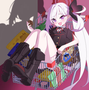 1girl 82jhin blue_archive boots halo looking_at_viewer mutsuki_(blue_archive) open_mouth panties purple_eyes red_halo school_uniform shadow shopping_cart side_ponytail snack solo twitter underwear