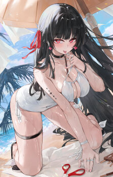 1girl :p adjusting_clothes adjusting_swimsuit alternate_costume bare_shoulders beach_umbrella black_hair blue_sky blush breasts bright_pupils chisa_(wuthering_waves) collarbone commentary covered_navel day dema_hmw dutch_angle fingernails food hair_ribbon highres kneeling large_breasts long_hair looking_at_viewer one-piece_swimsuit outdoors pinky_out pocky red_eyes red_ribbon ribbon scissors sky solo spread_cleavage swimsuit tacet_mark_(wuthering_waves) thigh_strap thighs tongue tongue_out umbrella wet white_one-piece_swimsuit white_pupils wuthering_waves