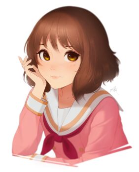 Rule 34 | 1girl, absurdres, brown eyes, brown hair, commentary, hand on own cheek, hand on own face, hanr10, hibike! euphonium, highres, light smile, long sleeves, looking at viewer, medium hair, neckerchief, oumae kumiko, pink shirt, red neckerchief, school uniform, serafuku, shirt, signature, simple background, solo, upper body, white background