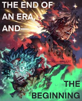 2boys absurdres artist_name bakugou_katsuki battle_damage blonde_hair boku_no_hero_academia flamgraphicsart green_hair highres male_focus midoriya_izuku multiple_boys signature spiked_hair superhero_costume twitter_username upper_body