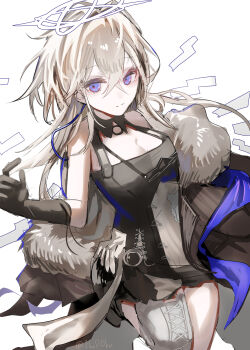 1girl absurdres angel arknights black_dress black_gloves breasts cleavage coat detached_wings dress elbow_gloves fur-trimmed_coat fur_trim gloves grey_hair halo highres horobu looking_at_viewer purple_eyes simple_background single_thighhigh solo thighhighs twitter_username vannini_(arknights) white_background white_thighhighs wings