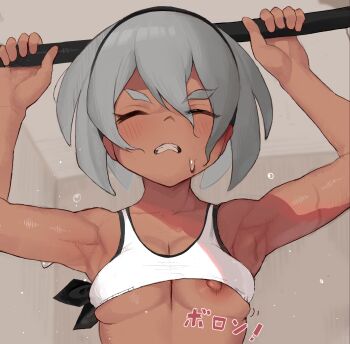 1girl absurdres accidental_exposure alternate_costume armpits arms_up barbell bea_(pokemon) black_hairband blush breasts ceiling clenched_teeth closed_eyes clothes_lift commentary_request exercising gatchan grey_hair hair_between_eyes hairband highres holding indoors nintendo nipple_slip nipples pokemon pokemon_swsh short_hair solo sports_bra sports_bra_lift sweat teeth upper_body weightlifting white_sports_bra