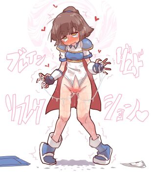 1girl ahegao arle_nadja armor blue_armor blue_boots blunt_bangs blush boots bottomless brown_eyes brown_hair cape female_masturbation fingerless_gloves full-face_blush giga.linda gloves high_ponytail highres masturbation mind_control nose_blush panties pointing pointing_at_viewer ponytail pussy_juice pussy_juice_puddle puyopuyo red_cape spread_pussy standing tears underwear white_background white_panties