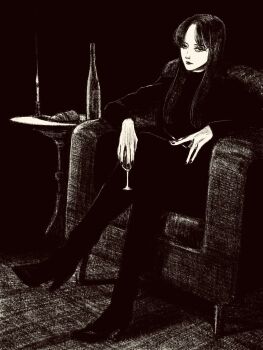 Rule 34 | 1girl, armchair, black background, black nails, bottle, chair, cup, drinking glass, greyscale, highres, long hair, long sleeves, monochrome, original, sitting, solo, tp p pt, wine bottle, wine glass