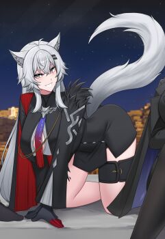 2girls :d absurdres all_fours animal_ear_fluff animal_ears ant_k arknights arm_support ass black_dress black_gloves black_pantyhose black_suit blurry blurry_background breasts button_gap cape coat coat_on_shoulders crossed_bangs dress formal_clothes gloves grey_hair hair_between_eyes hair_ornament hairclip highres jacket lappland_(arknights) lappland_the_decadenza_(arknights) large_breasts light_blush long_hair looking_at_viewer material_growth multiple_girls night night_sky open_mouth oripathy_lesion_(arknights) out_of_frame pantyhose parallel_hairclips red_cape scar scar_across_eye scar_on_face sharp_teeth short_dress sky smile solo_focus star_(sky) starry_sky suit suit_jacket tail teeth thigh_strap vulpisfoglia_(arknights) white_eyes wolf_ears wolf_girl wolf_tail