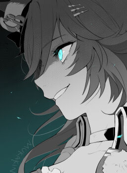 1girl aqua_background artist_name blue_eyes choker collarbone collared_jacket commentary evil_grin evil_smile glowing glowing_eyes greyscale_with_colored_background grin hair_ornament hairclip hat jacket looking_ahead mini_hat mini_top_hat mr._c.b._(clear_bliss)_(umamusume) mr._c.b._(umamusume) mukakin open_clothes open_jacket parallel_hairclips portrait smile solo top_hat umamusume