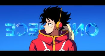 1boy black_hair blue_background closed_mouth coat commentary hat headphones letterboxed looking_to_the_side male_focus monkey_d._luffy one_piece red_coat scar scar_on_face short_hair solo spacesea straw_hat