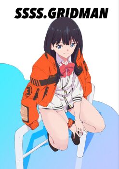 Rule 34 | 1girl, black hair, black shoes, black skirt, blue eyes, bow, cardigan, closed mouth, copyright name, from above, gridman universe, highres, jacket, jacket on shoulders, loafers, long hair, looking at viewer, miniskirt, official art, on railing, orange jacket, orange scrunchie, own hands together, railing, red bow, saitou kengo, school uniform, scrunchie, shirt, shoes, sitting, skirt, sleeves rolled up, smile, solo, ssss.gridman, takarada rikka, white cardigan, white shirt, wrist scrunchie
