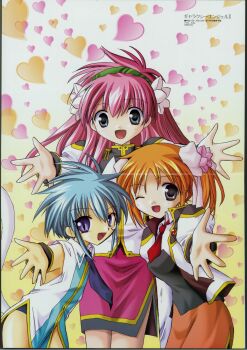 00s 3girls animal_ears apricot_sakuraba broccoli_(company) cat_ears fang flower galaxy_angel galaxy_angel_rune heart heart_background highres kanan long_hair milfeulle_sakuraba multiple_girls nano-nano_pudding non-web_source orange_skirt pencil_skirt pink_skirt ribbon skirt twintails