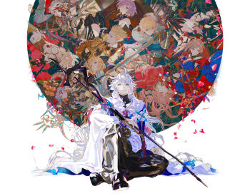 6+boys 6+girls abigail_williams_(fate) abigail_williams_(third_ascension)_(fate) aesc_(fate) aesc_(savior)_(fate) ahoge armor armored_dress artoria_pendragon_(fate) black_bow black_hair blonde_hair blue_eyes bow braid breasts cape chest_jewel collar dress earrings elbow_gloves excalibur_(fate/stay_night) eyeshadow eyeshadow_under_eye falling_petals fate/grand_order fate_(series) florence_nightingale_(fate) full_armor fur-trimmed_cape fur_trim gauntlets gilgamesh_(fate) gloves green_eyes grey_hair hair_between_eyes hair_over_one_eye hair_ribbon hat highres holding holding_sword holding_weapon hood hooded_robe horns jacket japanese_clothes jewelry karna_(fate) katana keyhole kimono king_hassan_(fate) leg_armor long_hair long_sleeves looking_at_viewer makeup mash_kyrielight mash_kyrielight_(demi-servant) mask merlin_(fate) miyamoto_musashi_(fate) multicolored_hair multiple_boys multiple_girls odysseus_(fate) official_art on_ground oni open_mouth orange_bow parted_bangs petals pink_eyes pink_hair promotional_art purple_eyes red_eyes red_eyeshadow red_hair revealing_clothes ribbon robe saber_(fate) second-party_source sherlock_holmes_(fate) sherlock_holmes_(first_ascension)_(fate) short_hair shuten_douji_(fate) sitting skin-covered_horns skull_mask smile spiked_collar spikes staff streaked_hair sword taiki_(luster) third_eye very_long_hair weapon white_background white_hair white_robe witch_hat