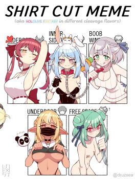 6+girls absurdres ahoge alternate_costume animal_ear_fluff animal_ears apron areola_slip arm_garter arm_up armpits backless_outfit bandaid bandaids_on_nipples bare_shoulders black_choker black_gloves black_leotard black_pantyhose black_shirt blonde_hair blue_hair blue_ribbon blunt_bangs blush blush_stickers braid breasts carrot_hair_ornament chain choker cleavage cleavage_cutout closed_mouth clothes_lift clothing_cutout collar collarbone commentary cowboy_shot dark-skinned_female dark_skin double_bun earrings english_commentary english_text eyelashes fishnet_legwear fishnets food-themed_hair_ornament french_braid gloves green_eyes green_hair hair_bun hair_ornament hair_ribbon half-closed_eyes half_updo highleg highres holding holding_collar holding_knife hololive hololive_fantasy horns houshou_marine jewelry kintsuba_(shiranui_flare) kitchen_knife knife large_breasts leotard licking_lips light_blue_hair long_hair looking_at_viewer mask medium_breasts meme mouth_mask multicolored_hair multiple_drawing_challenge multiple_girls naked_apron navel no_bra nude o-ring o-ring_choker official_alternate_costume one_eye_closed orange_eyes out_of_frame outside_border panels pantyhose pasties pekomon_(usada_pekora) pink_eyes playboy_bunny pointy_ears rabbit_ears red_choker red_collar red_eyes red_hair red_ribbon ribbed_sweater ribbon sailor_collar sheep_horns shiranui_flare shiranui_flare_(street) shirogane_noel shirt shirt_cut_meme shirt_lift short_hair short_sleeves sideboob simple_background sleeveless sleeveless_sweater small_breasts smile straight_hair streaked_hair surgical_mask sweatdrop sweater symbol-only_commentary thick_eyebrows tongue tongue_out tsunomaki_watame twin_braids twintails twitter_username two-tone_hair underboob unexistarts upper_body uruha_rushia usada_pekora virtual_youtuber white_apron white_background white_hair white_sweater wrist_cuffs