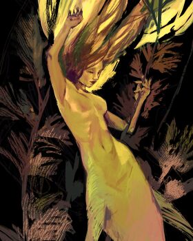 1girl absurdres arm_up black_background brown_hair commentary english_commentary floating glowing glowing_hair half-closed_eyes highres holding holding_plant mermaid monster_girl nude original painterly plant simple_background smile solo twulfs underwater yellow_theme