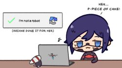 Rule 34 | 2girls, android, black hair, blue eyes, captcha, computer, elster (signalis), english text, laptop, multiple girls, signalis, skyjacc, storch (signalis), sweat, sweatdrop, table
