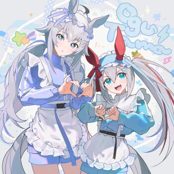 Rule 34 | 2girls, absurdres, ahoge, alternate costume, anejyani, animal ears, apron, blue eyes, blue hair, blue headdress, blue jacket, blue track suit, blush, bow, carrot, ear bow, ear covers, ear ornament, frilled apron, frills, grey hair, grey tail, hair between eyes, hair ornament, hairband, hairclip, headdress, heart, heart hair ornament, highres, horse ears, horse girl, horse tail, jacket, jersey maid, lightning bolt symbol, long hair, long sleeves, looking at viewer, maid, maid apron, maid headdress, multicolored hair, multiple girls, oguri cap (umamusume), open clothes, parted lips, red hair, smile, star (symbol), streaked hair, tail, tamamo cross (umamusume), track jacket, track suit, twintails, umamusume, umamusume: cinderella gray, unconventional maid, waist apron, white apron, white headdress