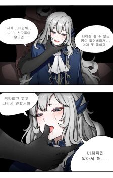 Rule 34 | 1boy, 1other, argalia (project moon), blue cape, blue eyes, blue jacket, cape, dolsig ilangnolja, finger in another's mouth, gold trim, highres, jacket, korean text, library of ruina, long hair, open mouth, project moon, protected link, sidelocks, sitting, smile, speech bubble, translation request, very long hair, wang (project moon), wavy hair, white hair