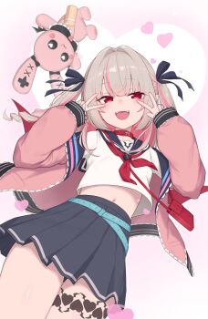 1girl :d absurdres aqua_belt bag belt belt_collar blue_ribbon blue_sailor_collar blue_skirt blush collar colored_inner_hair cowboy_shot demon_wings double_v drill_hair dutch_angle fangs from_below grey_hair hair_intakes hair_over_shoulder hair_ribbon handbag heart highres jacket kominatonamiko leg_tattoo long_hair looking_at_viewer loose_belt makaino_ririmu makaino_ririmu_(4th_costume) midriff miniskirt multicolored_hair navel neckerchief nijisanji off_shoulder open_clothes open_jacket open_mouth pink_hair pink_jacket pink_streaks pleated_skirt pointy_ears red_bag red_collar red_eyes red_neckerchief red_wings ribbon sailor_collar school_uniform serafuku shirt shoulder_bag sidelocks simple_background skirt sleeves_past_wrists smile solo standing streaked_hair stuffed_animal stuffed_rabbit stuffed_toy tattoo thigh_gap two-tone_hair two_side_up v v_over_eye virtual_youtuber white_background white_shirt winged_heart winged_heart_tattoo wings