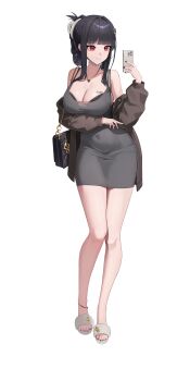 1girl absurdres barcode barcode_tattoo black_bra bra bra_peek breast_tattoo d_(killer_wife)_(nikke) d_(nikke) dongtan_dress dress full_body goddess_of_victory:_nikke grey_dress heart heart_necklace highres jewelry marian_(dcinside_2pjh9wlmu4du) necklace official_alternate_costume pencil_dress simple_background solo tattoo underwear white_background
