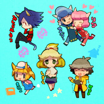 3boys 3girls 73_(naa) alpaca_ears animal_crossing animal_ears apron black_pants blonde_hair blue_background blue_dress blue_hair blue_pants blush_stickers cat_boy cat_ears cat_tail clipboard closed_eyes coat cyrus_(animal_crossing) digby_(animal_crossing) dress folder freckles green_eyes grey_hair heart holding holding_clipboard holding_folder hug humanization isabelle_(animal_crossing) katie_(animal_crossing) multiple_boys multiple_girls necktie nintendo pants pink_hair pink_pants ponytail red_eyes red_sweater reese_(animal_crossing) rover_(animal_crossing) smile sweater tail translation_request yellow_coat yellow_necktie