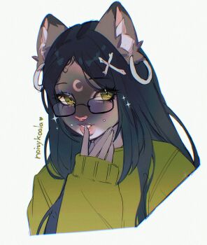 1girl animal_earrings animal_ears artist_name bad_tag black-framed_eyewear cat_ears cat_girl cheek_piercing chromatic_aberration colored_skin crescent_moon cropped_arm cropped_torso cross_hair_ornament earrings eyelashes face_piercing facial_mark film_grain finger_to_mouth fingernails forehead_mark furry furry_female glasses green_eyes green_sweater grey_skin hair_ornament highres hoop_earrings jewelry long_fingernails looking_to_the_side moon noisykoala original parted_lips piercing pince-nez pink_lips semi-rimless_eyewear simple_background sketch sleeves_past_wrists slit_pupils sparkle sweater teeth thick_lips white_background