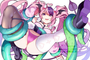 1girl ahoge asymmetrical_legwear breasts demon_girl demon_horns hair_ornament head_wings heart heart_ahoge heart_hair_ornament horns hot_vr indie_virtual_youtuber ironmouse ironmouse_(15th_costume) long_hair mismatched_legwear multicolored_hair open_mouth panties patreon_logo patreon_username pink_hair pink_panties pixiv_logo pixiv_username pointy_ears purple_eyes purple_hair streaked_hair subscribestar_logo subscribestar_username tentacles thighhighs twintails underwear virtual_youtuber white_background wings