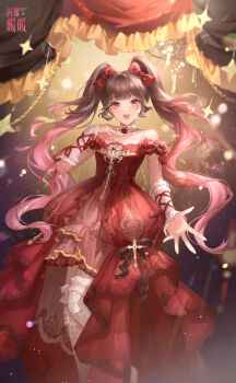 1girl arm_ribbon artist_request bare_shoulders beckoning black_background black_ribbon blunt_bangs bow brown_hair bubble_skirt choker copyright_name cross curtains dodora_(shining_nikki) dress dress_ribbon eyelashes feet_out_of_frame flower flower_choker frilled_arm_warmers gradient_hair hair_bow hand_on_own_cheek hand_on_own_face heart_on_cheek highres lace lace_thighhighs light_particles logo long_dress long_hair looking_at_viewer marking_on_cheek multicolored_hair nikki_(series) off-shoulder_dress off_shoulder official_art open_mouth outstretched_hand pink_hair red_bow red_dress red_eyes red_flower red_ribbon red_rose ribbon rose second-party_source shining_nikki short_sleeves skirt smile solo star_(symbol) teeth thighhighs twintails unfading_flower_(shining_nikki) upper_teeth_only very_long_hair white_arm_warmers white_choker white_thighhighs zettai_ryouiki